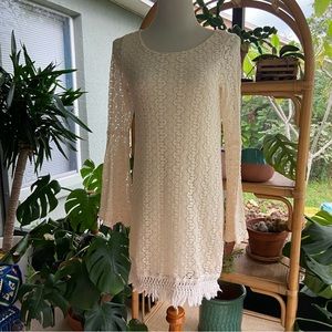 Lace covered bell sleeve fringe dress size L butter yellow/cream love, Fire